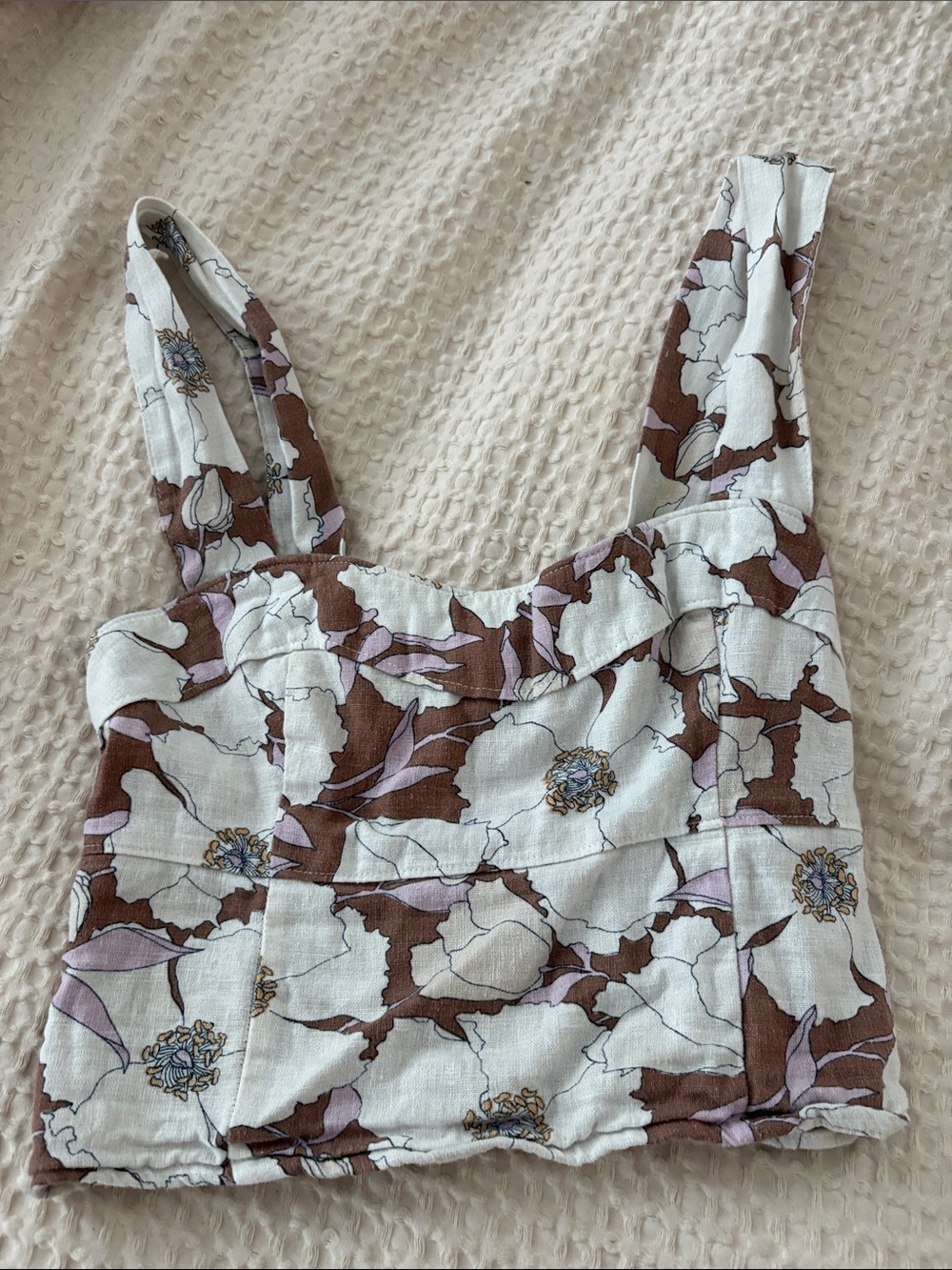 Abercrombie & Fitch Cream Floral Square-Neck Crop Top with Brown and Lavender